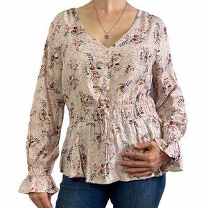 MAURICES Light Pink Floral Peplum Peasant Top M